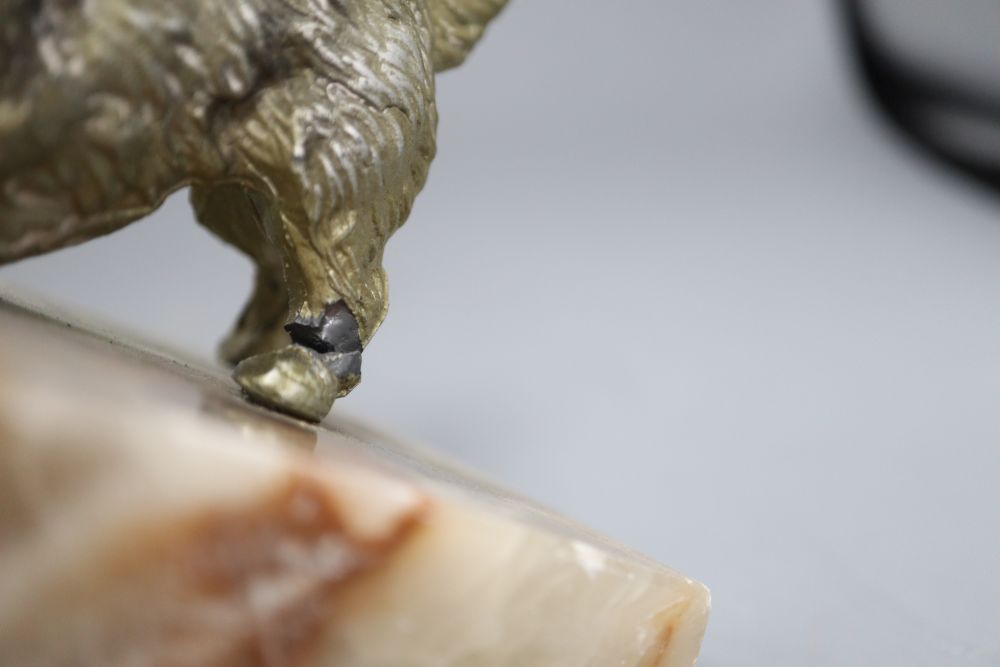 A cold cast bronze model of a spaniel on onyx ashtray, height 9cm and a pair of Scottish Terrier bookends (damage)
